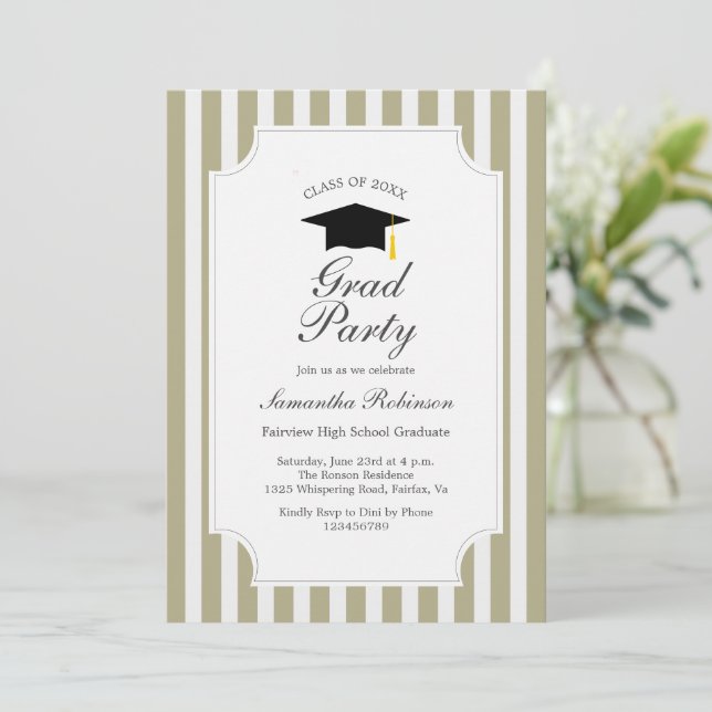 Elegante, weiße Streifen Graduierungsparty Einladung (Stehend Vorderseite)