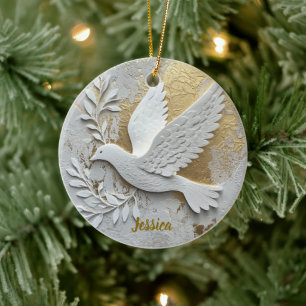 Elegante weiße Taube mit goldenem, individualisier Keramik Ornament