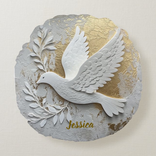 Elegante weiße Taube mit goldenem, individualisier Rundes Kissen (Vorderseite)