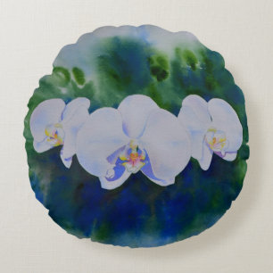Elegante, weiße tropische Boho-Orchideen Rundes Kissen