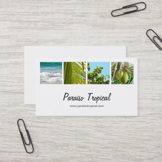 Elegante weiße tropische Foto-Collage Visitenkarte (Vorderseite/Rückseite Beispiel)