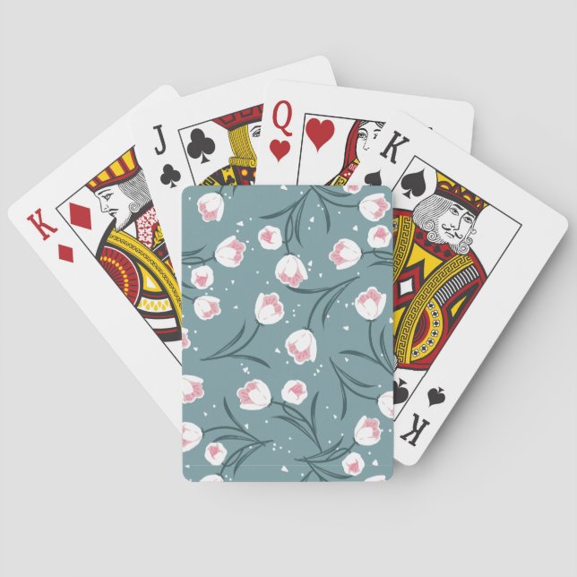 Elegante weiße Tulips auf pastellgrünem Muster Spielkarten (Rückseite)