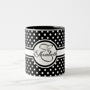 Elegante weiße Tupfen auf schwarzem Monogramm Zweifarbige Tasse