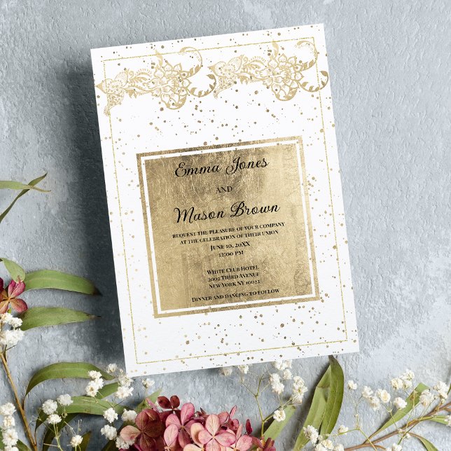 Elegante, weiße und goldene Konfetti-Blumenhochzei Einladung (Elegant white and gold confetti floral Wedding )