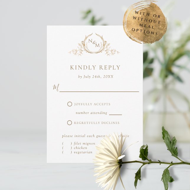 Elegante weiße und goldene RSVP-Karte RSVP Karte (ELEGANT MONOGRAMMED RSVP WITH OPTION TO ADD OR ERASE MEAL CHOICES)