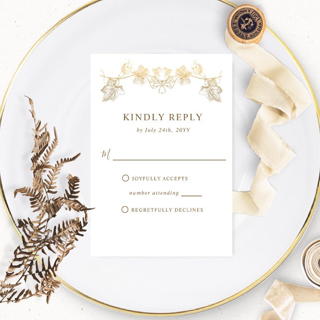 Elegante weiße und goldgelbe Blätter, Hochzeitsrab RSVP Karte (Von Creator hochgeladen)