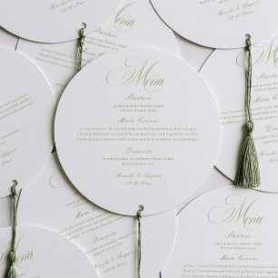 Elegante weiße und grüne Hochzeitsmenükreis-Karte