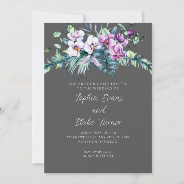 Elegante, weiße und Lila Blütenhochzeit Einladung (Vorderseite)