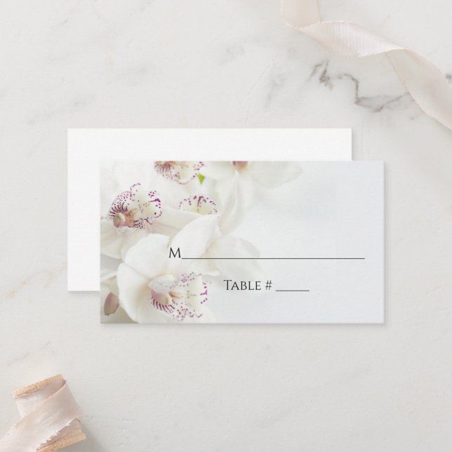 Elegante weiße und Lila Orchideen | Flat Wedding Platzkarte (Vorderseite/Rückseite Beispiel)