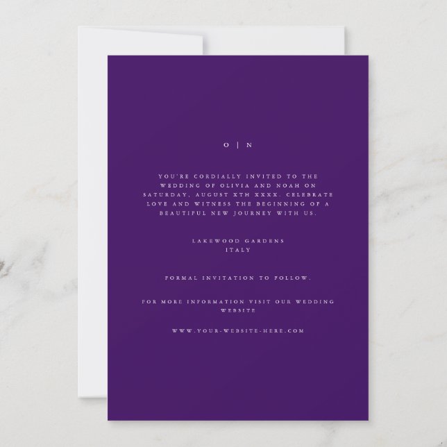 Elegante, weiße und Lila Save the Date Karte für S (Rückseite)