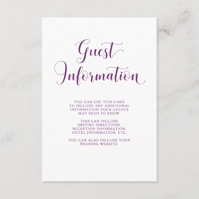 Elegante, weiße und Lila Typografie-Gast-Details Begleitkarte (Vorderseite)