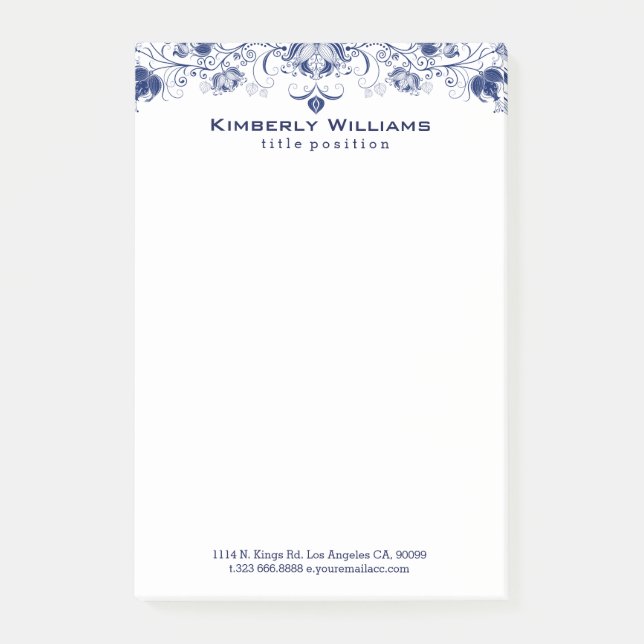 Elegante weiße und navy-blaue Blumenspitze Post-it Klebezettel (Vorderseite)