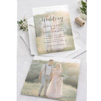 Elegante weiße und schwarze Goldrand-Foto-Hochzeit Einladung