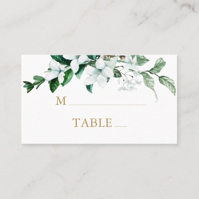 Elegante weiße Wasserfarbe Blumengrün Hochzeit Platzkarte (Vorderseite)