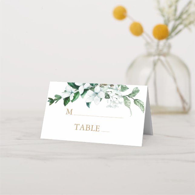 Elegante weiße Wasserfarbe Blumengrün Hochzeit Platzkarte (Vorderseite)