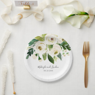 Elegante weiße Wasserfarben-Blumenhochzeit Pappteller