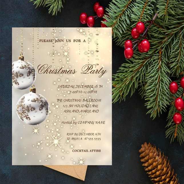 Elegante weiße Weihnachtsbälle, Weihnachts-Party Einladung (Von Creator hochgeladen)