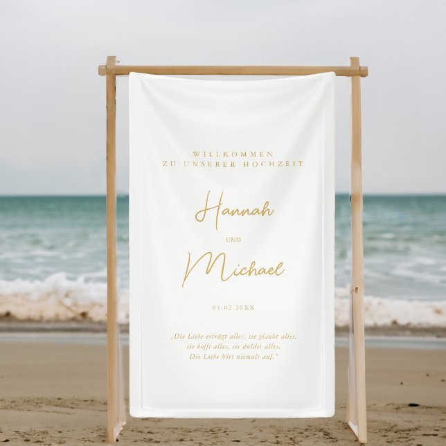 Elegante, weiße, "Willkommen zu unserer Hochzeit" Banner (Elegant, White, Minimal Wedding "Welcome Banner" with your name, date & place for personal words.)