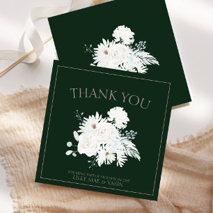 Elegante weiße Winter-Blumen-Hochzeit in Grün Dankeskarte