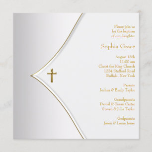 Elegante weißes Goldkreuz-Taufe Einladung