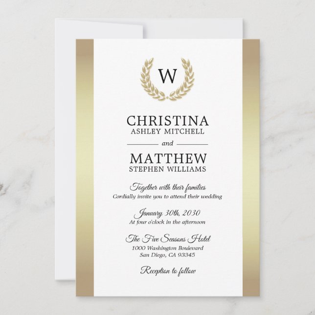 Elegante weißes Goldlorbeer-Monogramm-Hochzeit Einladung (Vorderseite)