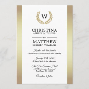 Elegante weißes Goldlorbeer-Monogramm-Hochzeit Einladung