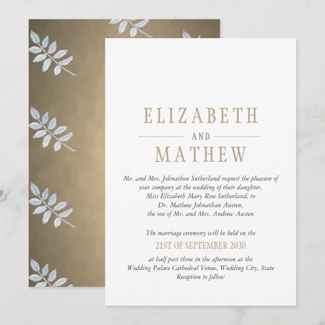 Elegante weißes Goldmoderne Hochzeit Einladung (Vorne/Hinten)