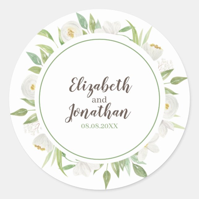 Elegante weißes u. grünes Aquarell-Blumenhochzeit Runder Aufkleber (Vorderseite)