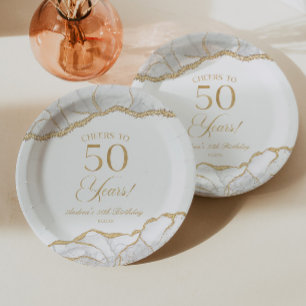 Elegante Weißgold-Achat-50.-Geburtstagsfeier Pappteller
