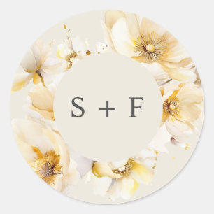 Elegante Weißgold Blumen Initialen Hochzeit Runder Aufkleber