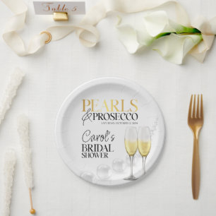 Elegante Weißgold-Perlen & Prosecco-Brautjunggesel Pappteller