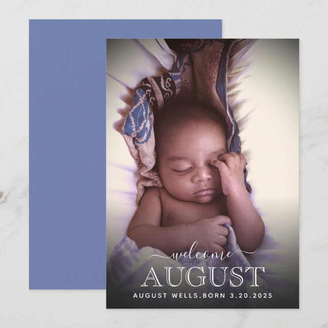 Elegante Welcome Baby Birth Announcement Foto Card (Vorne/Hinten)