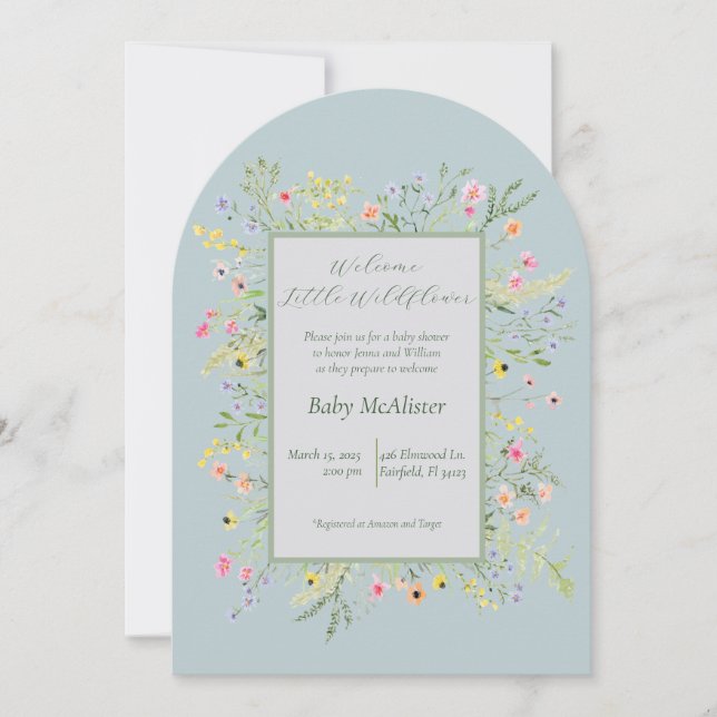 Elegante Welcome Little Wildblume Baby Dusche Einladung (Vorderseite)