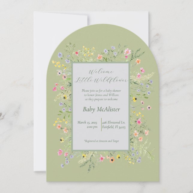 Elegante Welcome Little Wildblume Baby Dusche Einladung (Vorderseite)