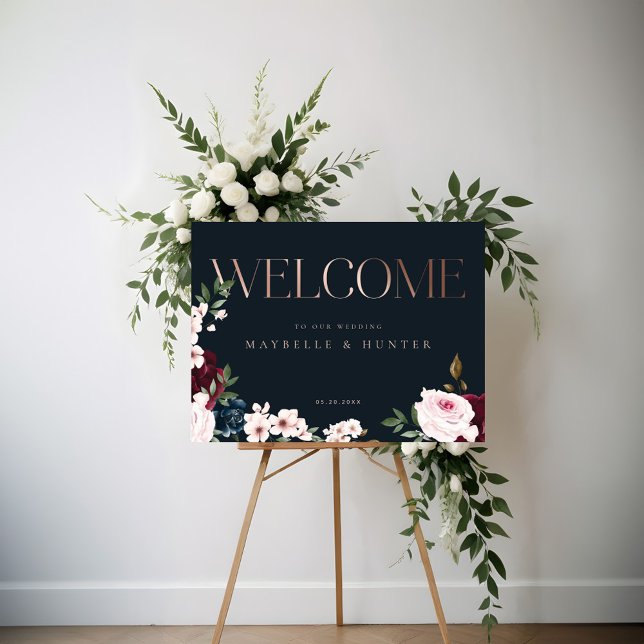 Elegante Welcome Rose Gold Burgund & Navy Florals Poster (Elegant Welcome Rose Gold Burgundy & Navy Florals Poster)