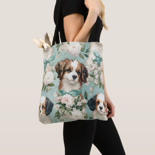 Elegante Welpen und Blumendruck Tasche