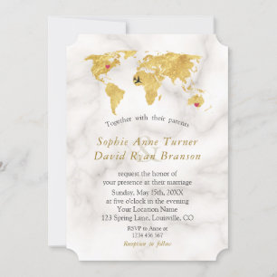Elegante Weltkarte aus Gold Zielort Hochzeit Einladung