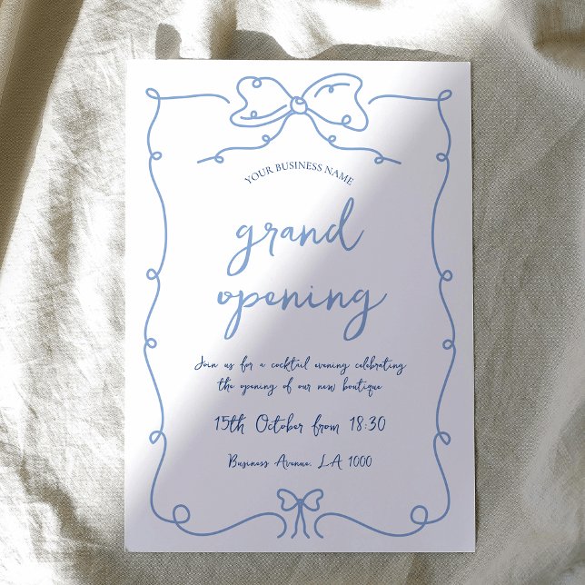 Elegante Whimsical Bows Blue Business Opening Even Einladung (Elegant hand-drawn business grand opening invitation with handwritten style font in blue and white)