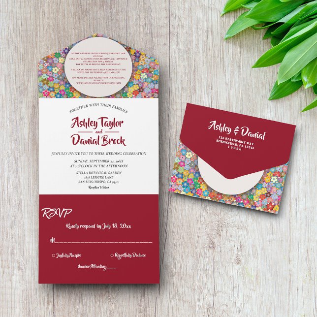 Elegante Whimsical Classy Burgundy Floral Wedding All In One Einladung (Von Creator hochgeladen)