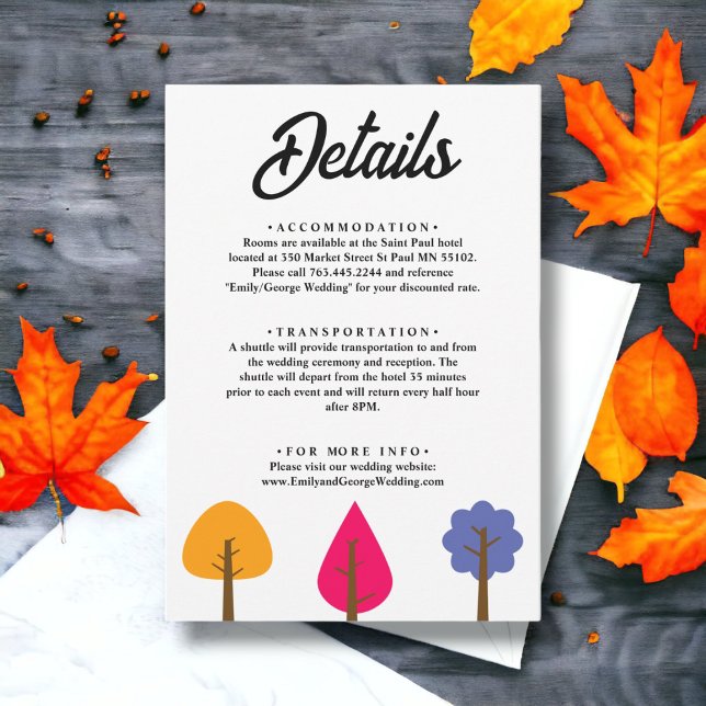 Elegante Whimsical Colorful Trees Chic Hochzeit im Begleitkarte (Von Creator hochgeladen)