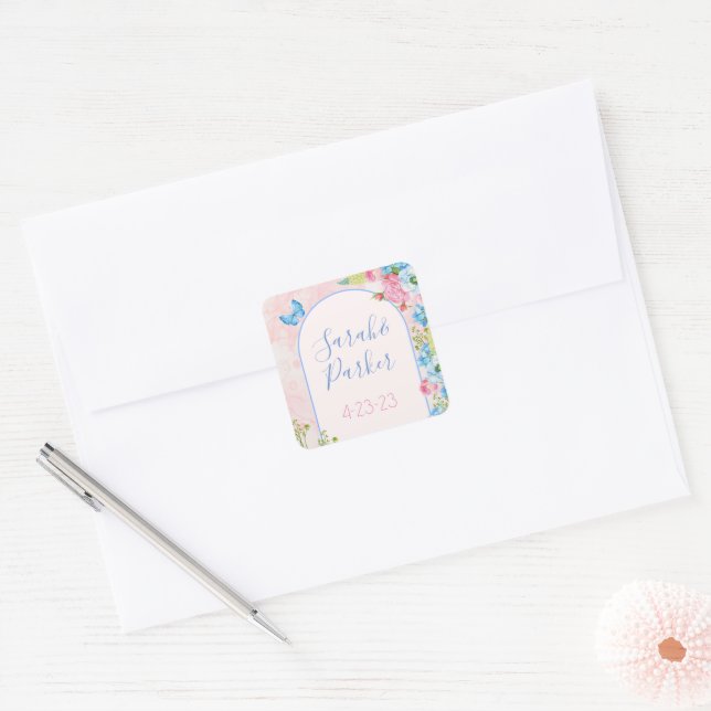 Elegante Whimsical Spring Flowers Hochzeit Quadratischer Aufkleber (Umschlag)