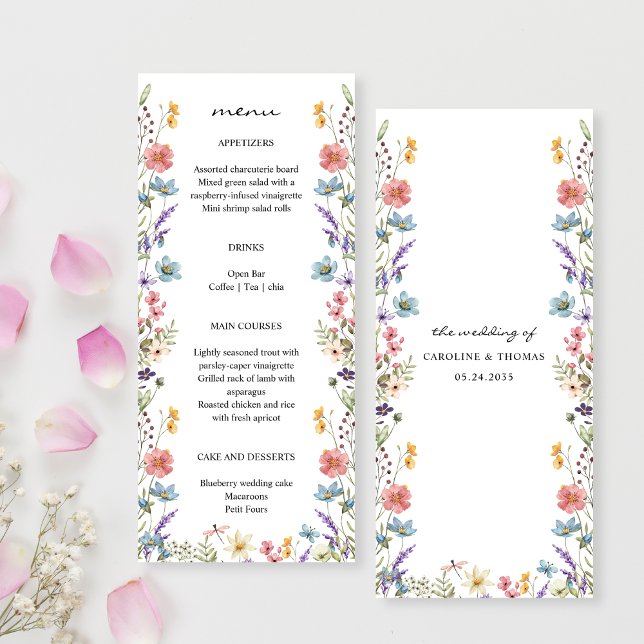 Elegante Whimsical Wildblume Garden Wedding Menükarte (Von Creator hochgeladen)
