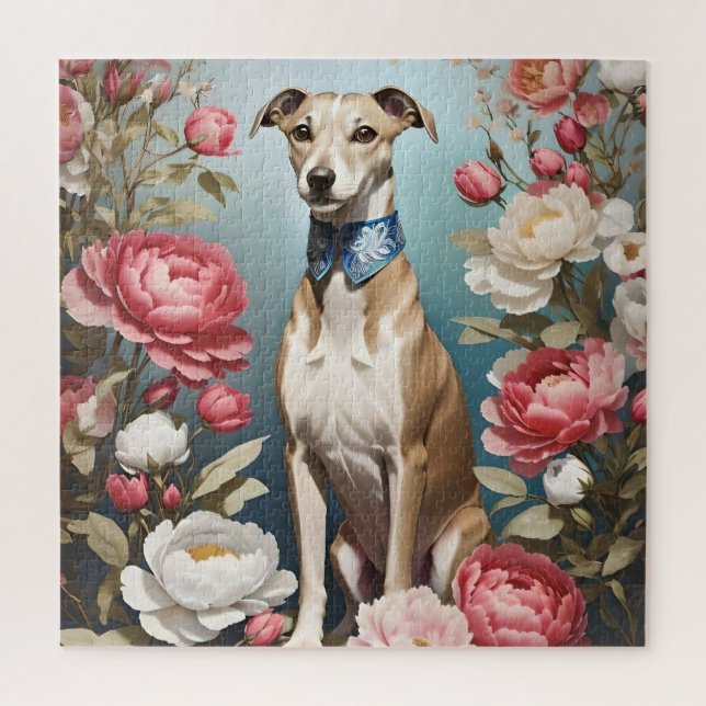 Elegante Whippet Pink Peony Blume Blue Background (Vertikal)