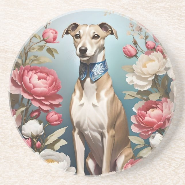 Elegante Whippet Pink Peony Blume Blue Background Getränkeuntersetzer (Vorne)