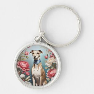 Elegante Whippet Pink Peony Blume Blue Background Schlüsselanhänger