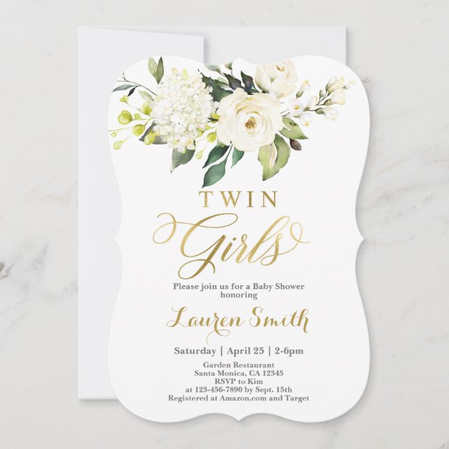 Elegante White and Gold Baby Dusche Einladung (Vorderseite)