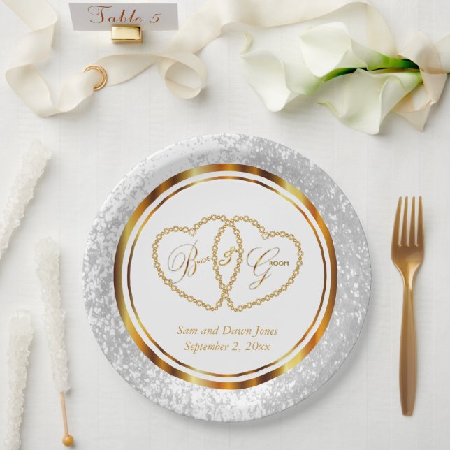 Elegante White and Gold Hochzeit Pappteller (Hochzeit)