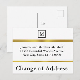 Elegante White and Gold Monogram Änderung der Adre Ankündigungspostkarte