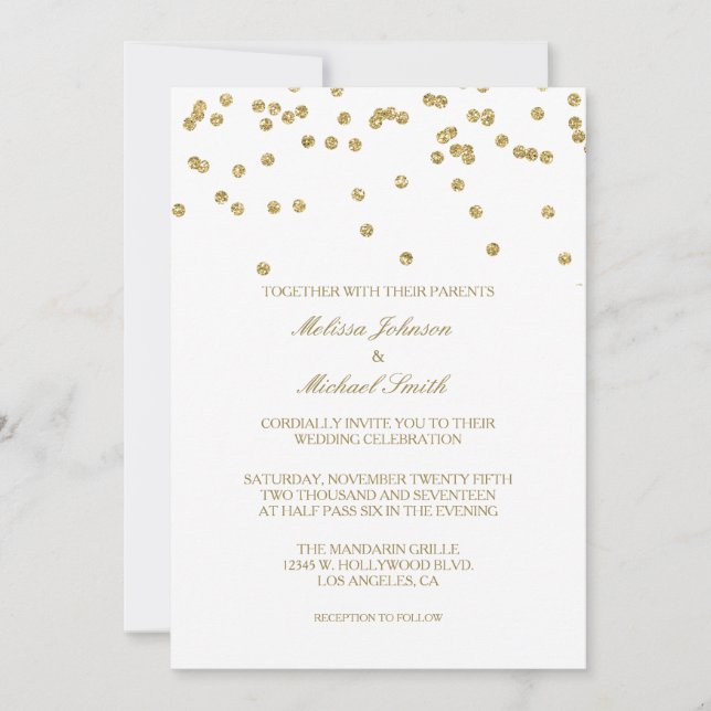 Elegante White and Gold Polka-dots Confetti Weddin Einladung (Vorderseite)
