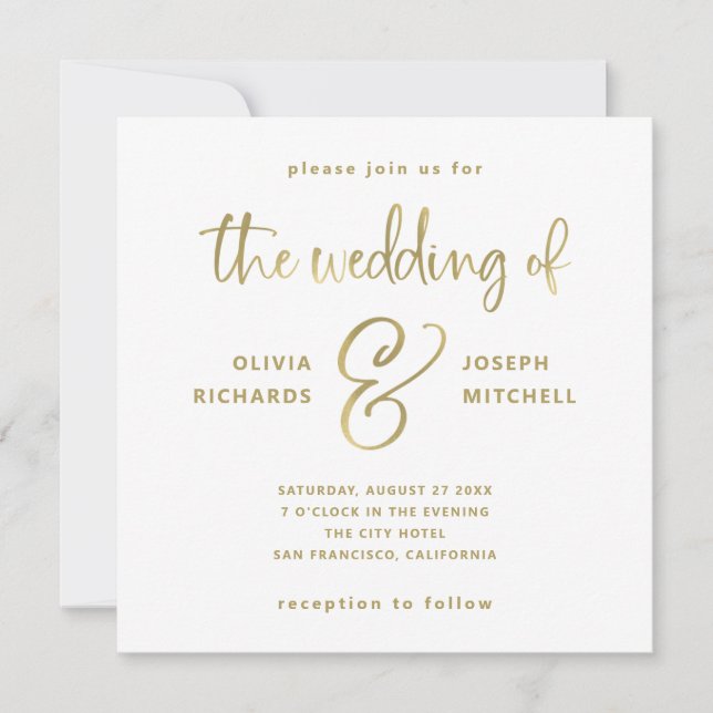 Elegante White and Imitate Gold Wedding Einladung (Vorderseite)
